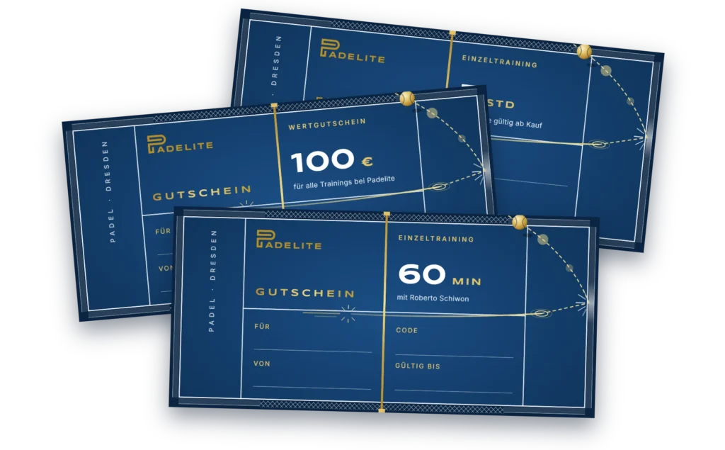 Padelite Gutscheine Einzeltraining 60 Minuten Wertgutschein 100 € und 5er Karte im Court Design