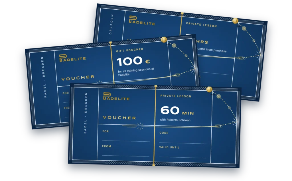 Padelite vouchers 60 minute private lesson €100 gift voucher and 5 hour card in court design