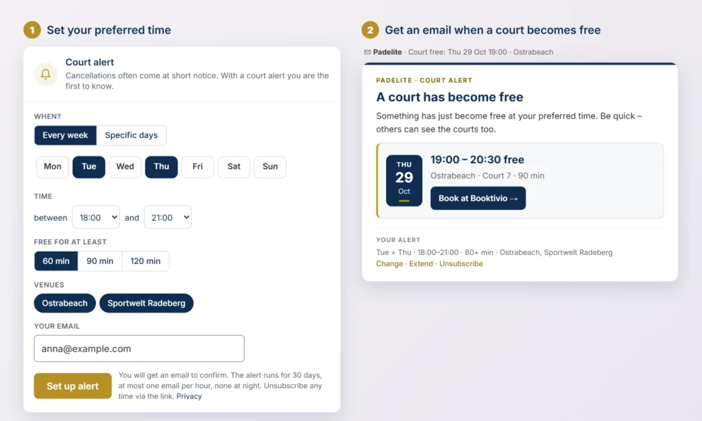 Padelite court alert on the left the form with the preferred time Tue and Thu 69 pm at least 60 minutes on the right the email A court has become free with a booking link