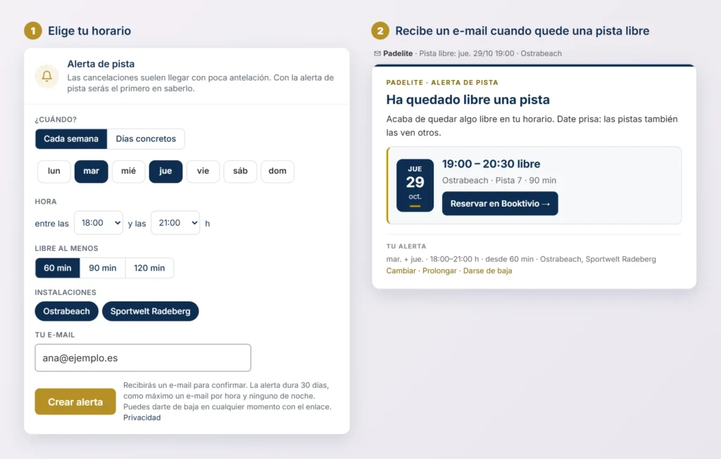 Alerta de pista de Padelite a la izquierda el formulario con el horario preferido martes y jueves 1821 h al menos 60 minutos a la derecha el correo Ha quedado libre una pista con enlace de reserva